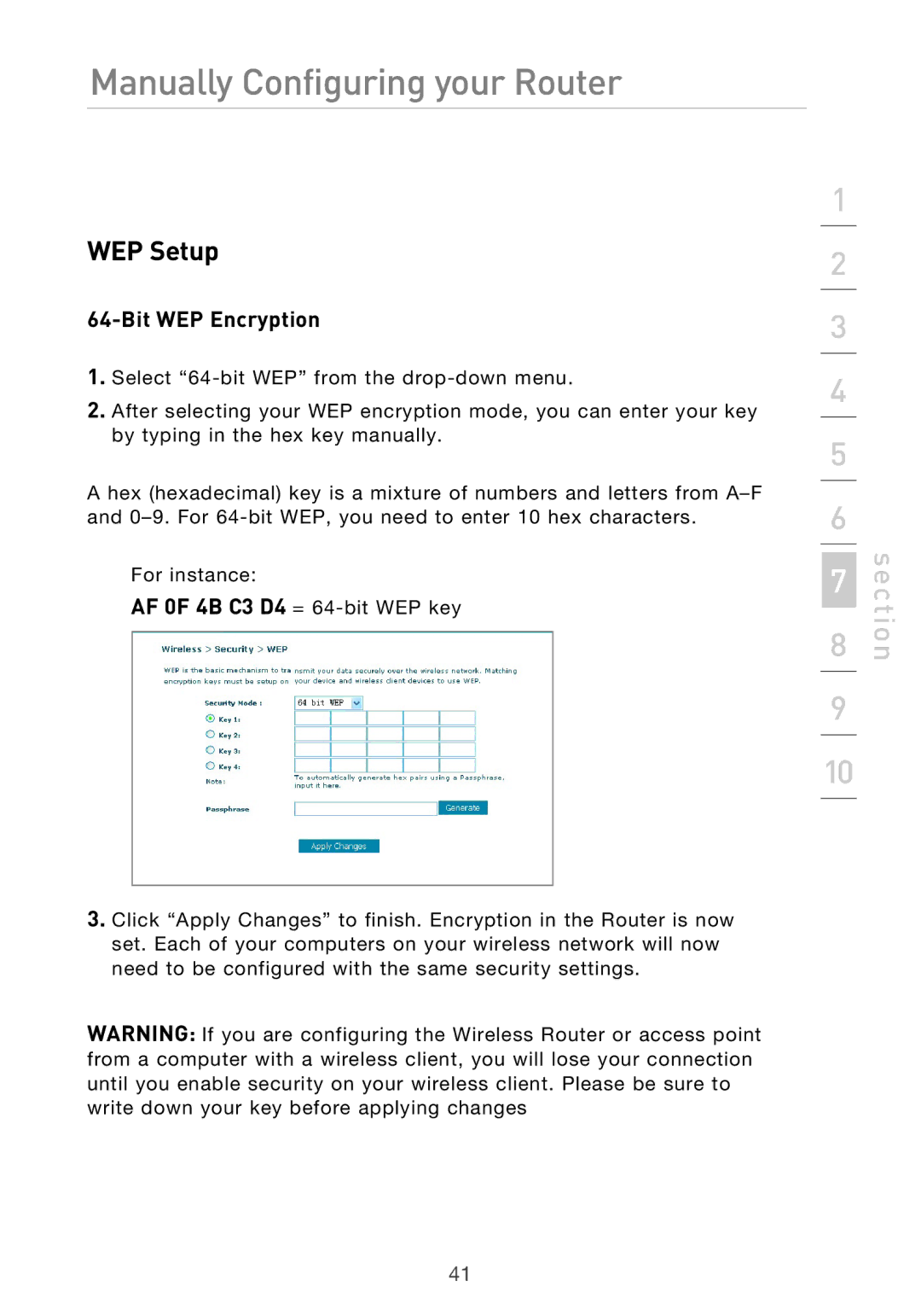 Belkin F5D9630UK4A user manual WEP Setup, Bit WEP Encryption 