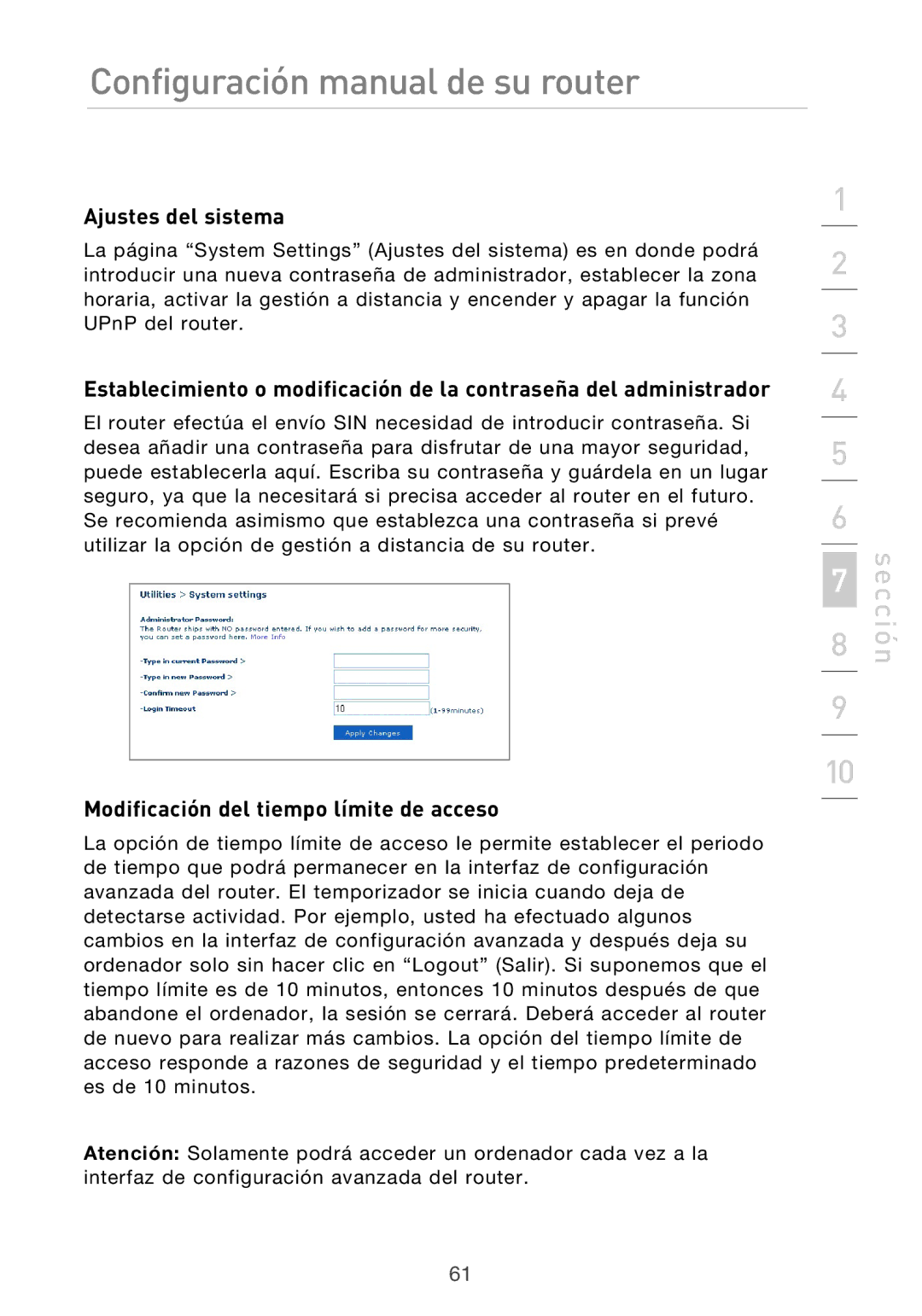 Belkin F5D9630UK4A user manual Ajustes del sistema, Modificación del tiempo límite de acceso 