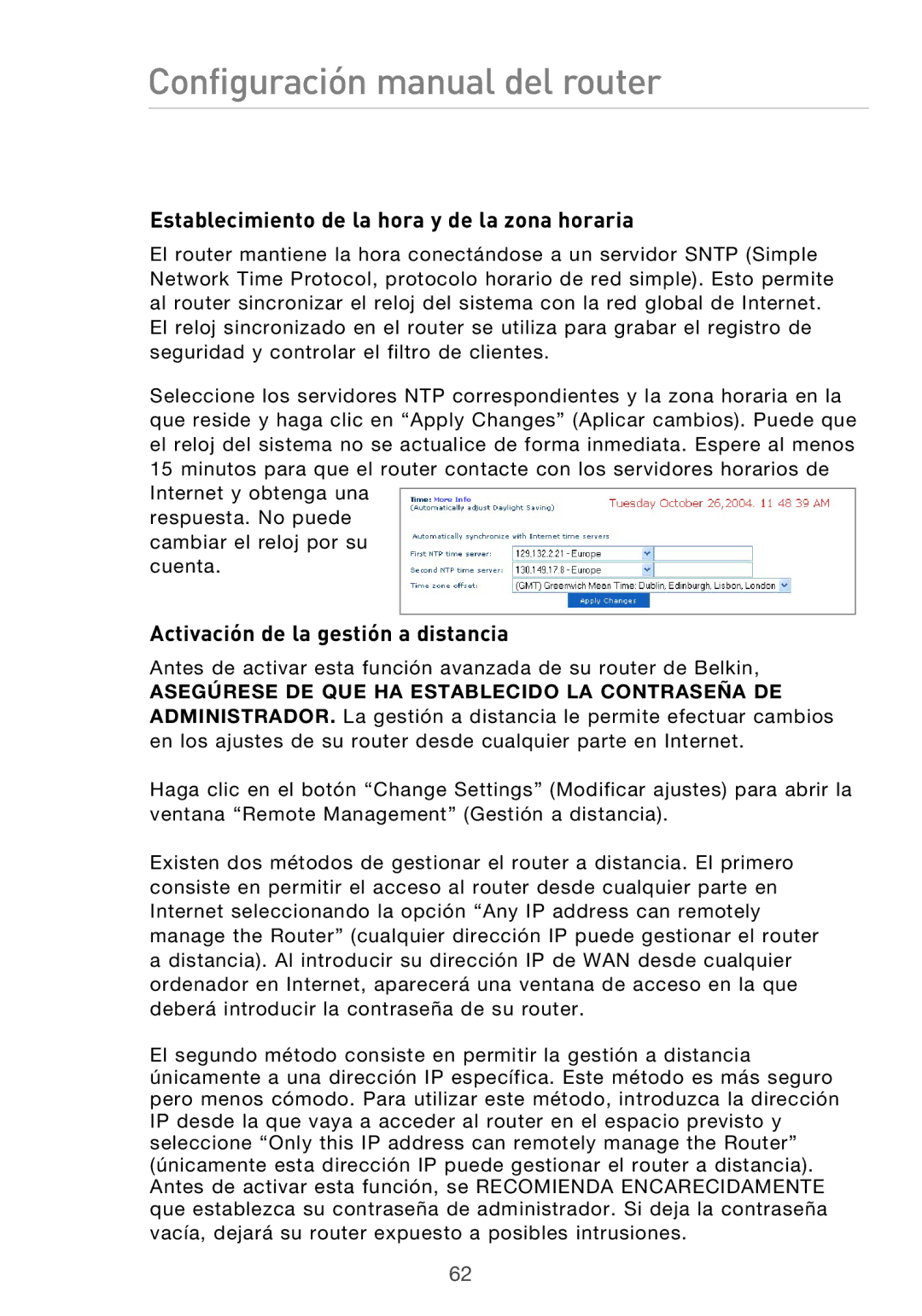 Belkin F5D9630UK4A user manual Establecimiento de la hora y de la zona horaria, Activación de la gestión a distancia 