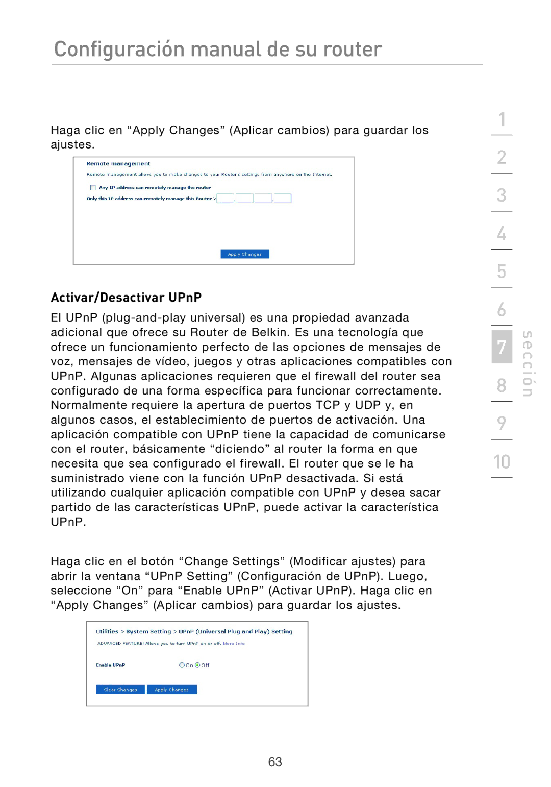 Belkin F5D9630UK4A user manual Activar/Desactivar UPnP 