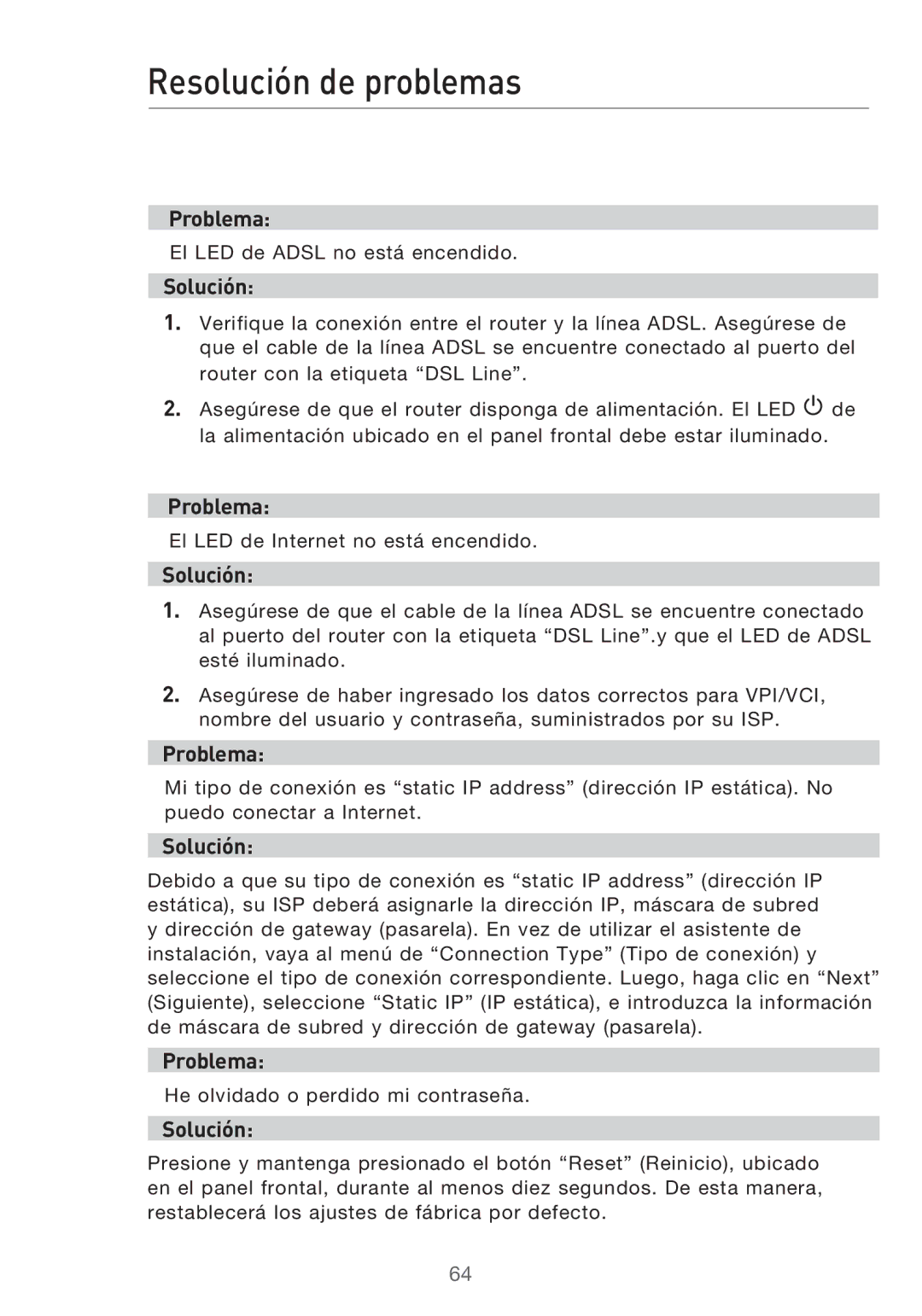 Belkin F5D9630UK4A user manual Resolución de problemas, Problema, Solución 