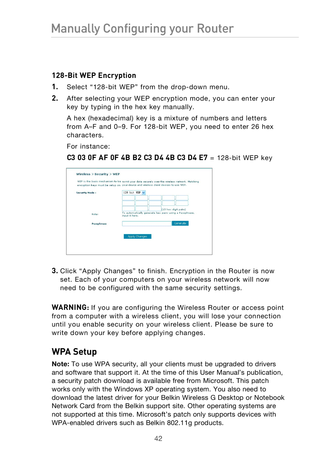 Belkin F5D9630UK4A user manual WPA Setup, C3 03 0F AF 0F 4B B2 C3 D4 4B C3 D4 E7 = 128-bit WEP key 