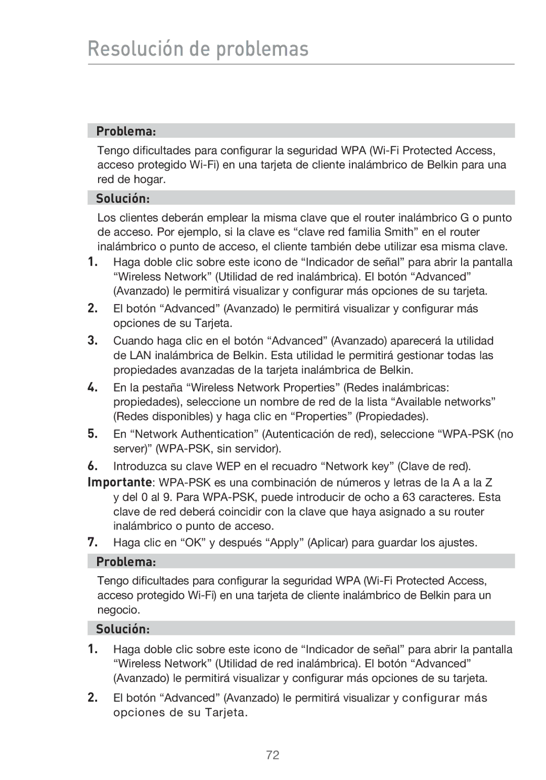 Belkin F5D9630UK4A user manual Resolución de problemas 