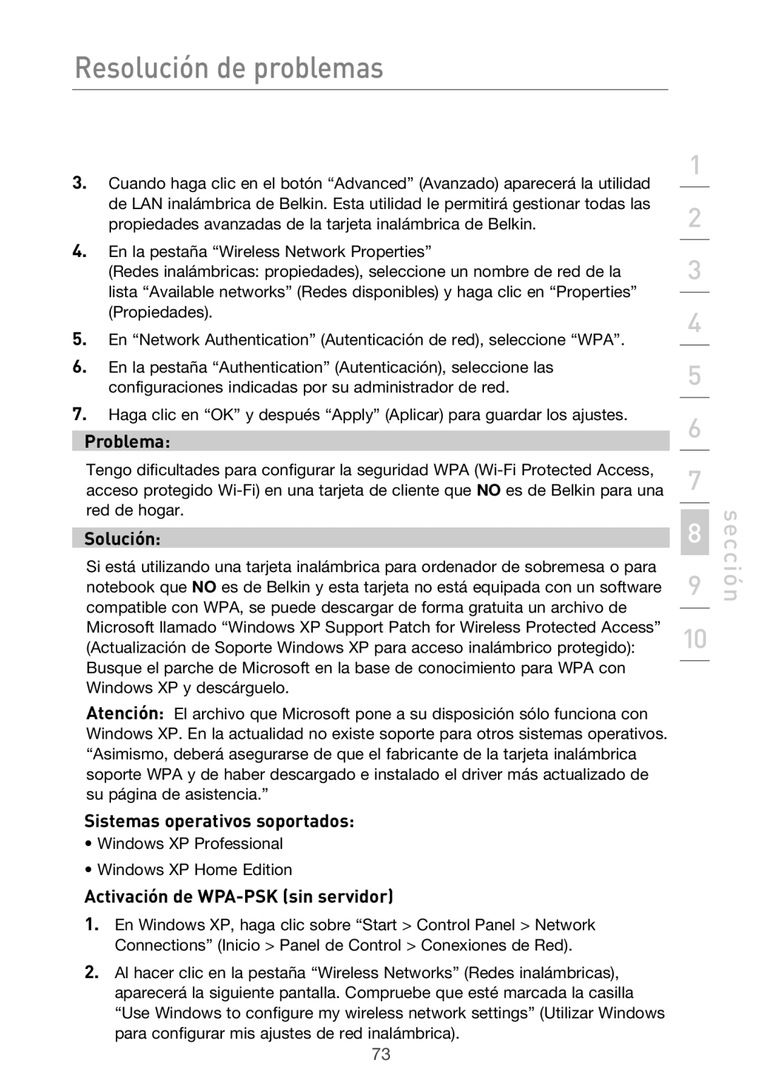 Belkin F5D9630UK4A user manual Sistemas operativos soportados, Activación de WPA-PSK sin servidor 