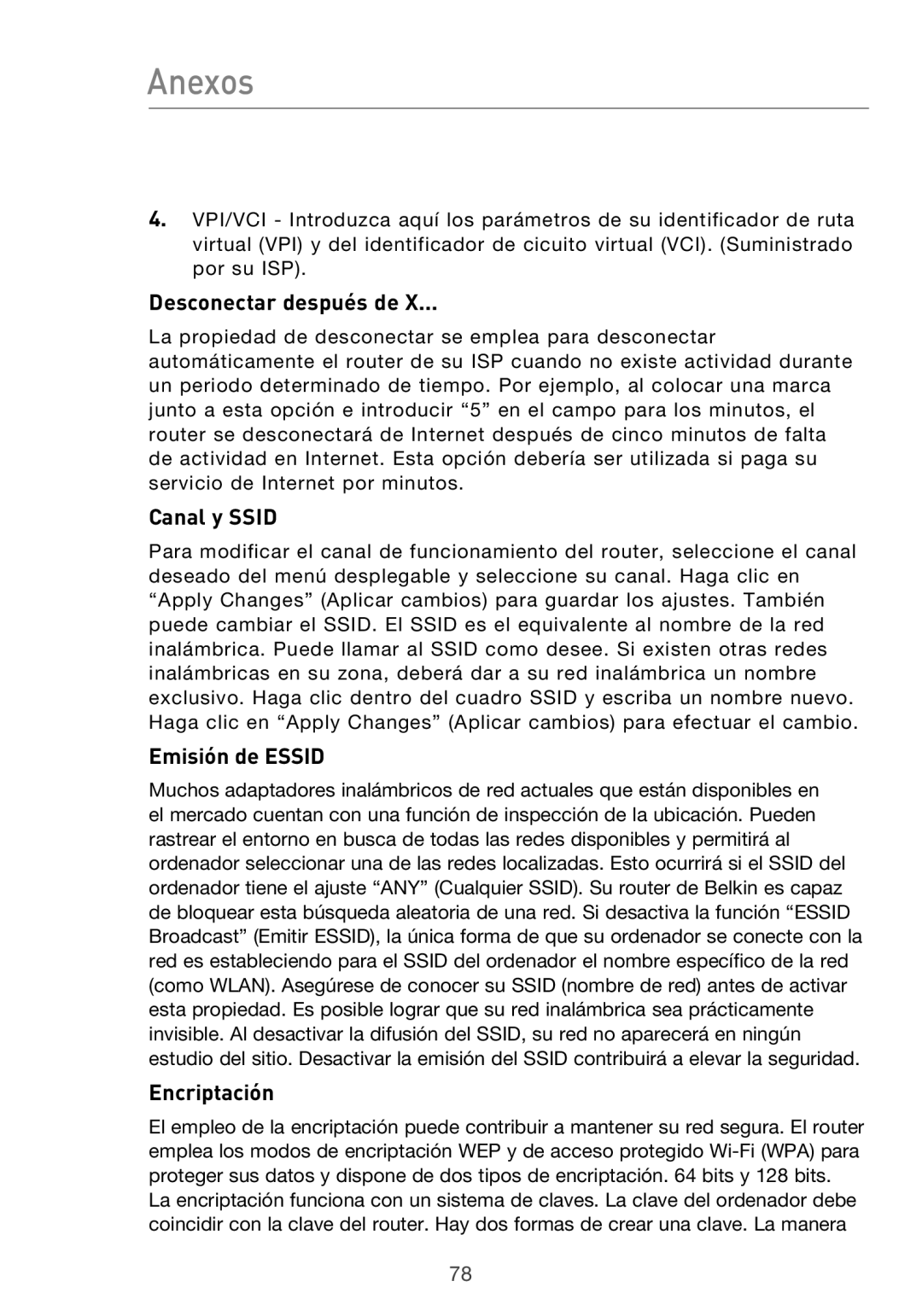 Belkin F5D9630UK4A user manual Anexos, Desconectar después de, Canal y Ssid, Emisión de Essid, Encriptación 