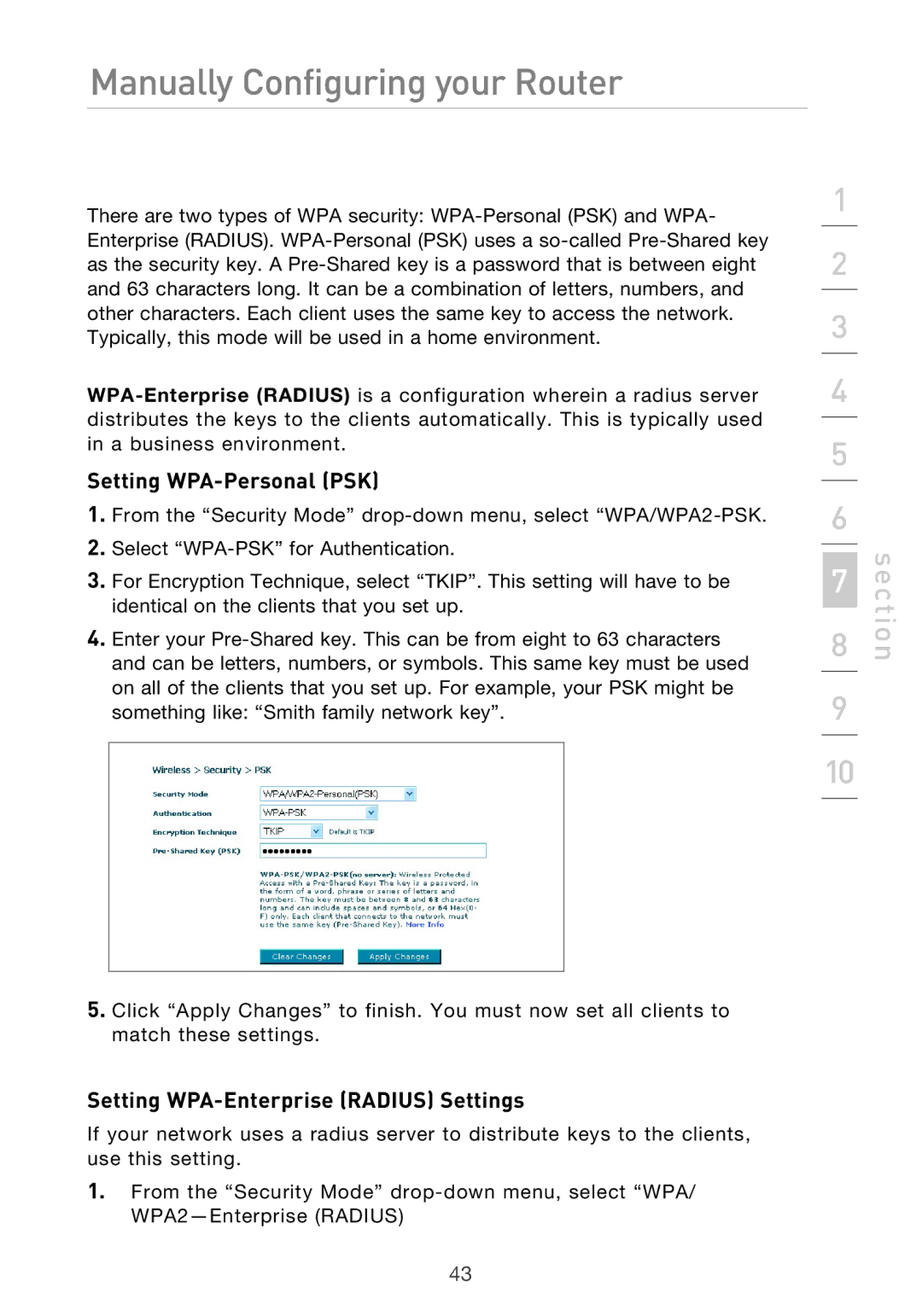 Belkin F5D9630UK4A user manual Setting WPA-Personal PSK, Setting WPA-Enterprise Radius Settings 