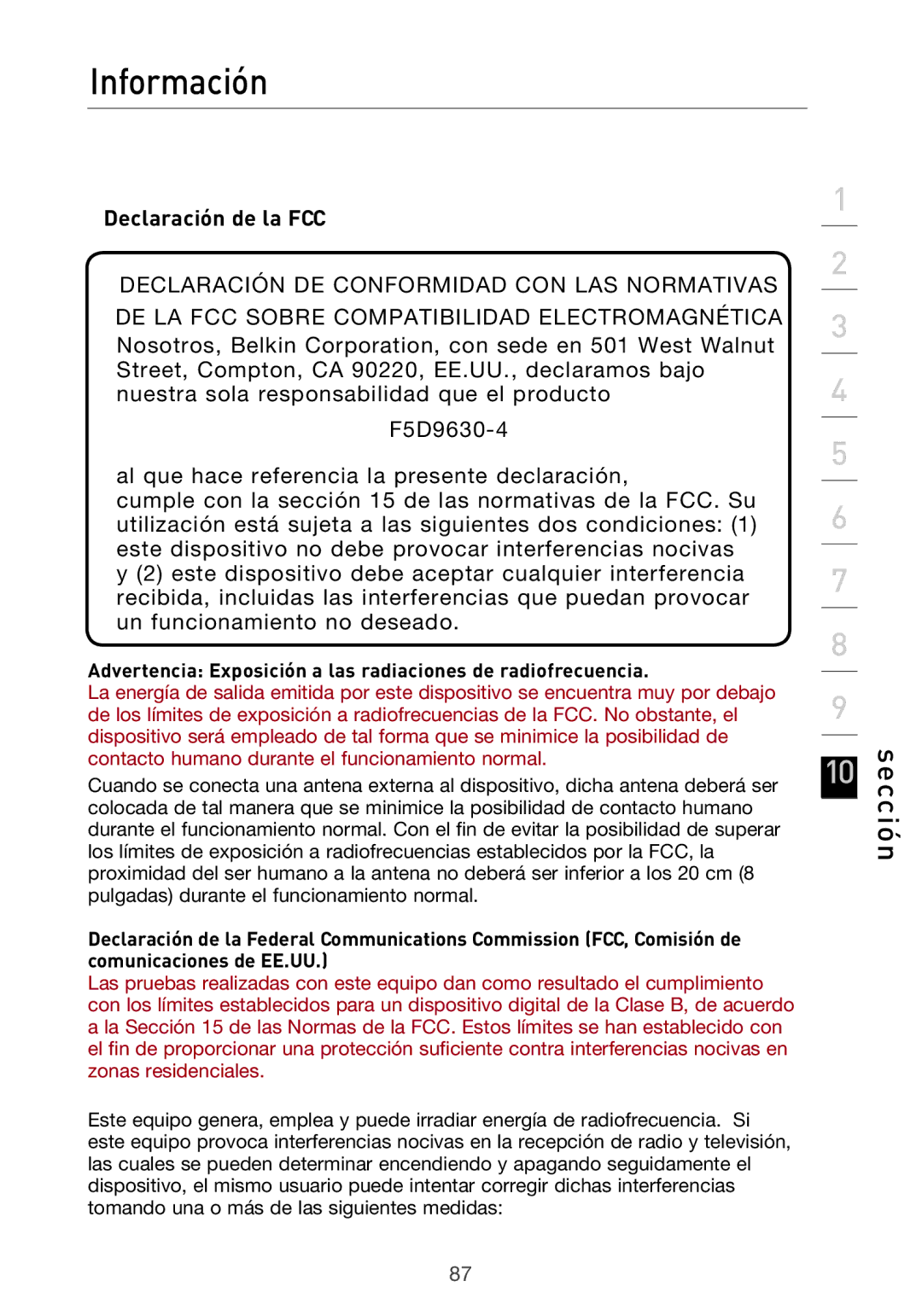 Belkin F5D9630UK4A Información, Declaración de la FCC, Advertencia Exposición a las radiaciones de radiofrecuencia 