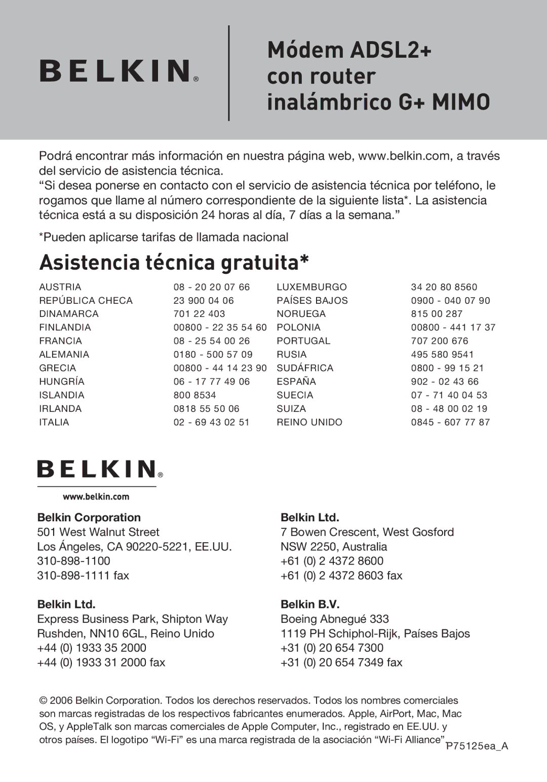 Belkin F5D9630UK4A user manual Asistencia técnica gratuita 