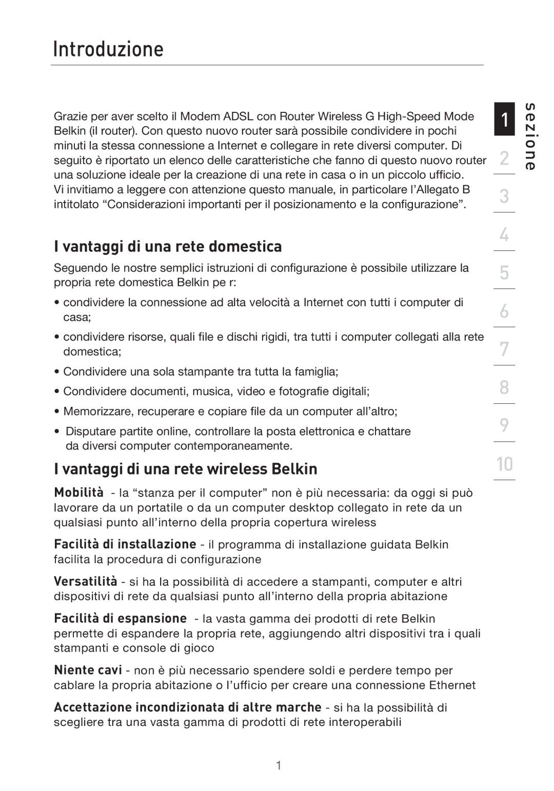 Belkin F5D9630UK4A user manual Introduzione, Vantaggi di una rete domestica, Vantaggi di una rete wireless Belkin 