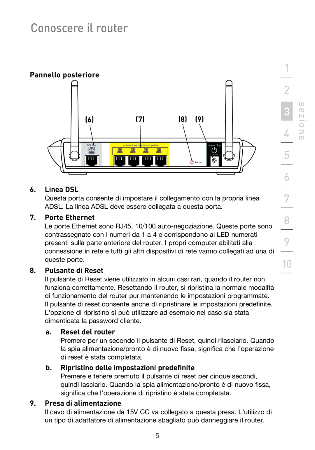 Belkin F5D9630UK4A user manual Pannello posteriore Linea DSL, Porte Ethernet, Pulsante di Reset, Reset del router 