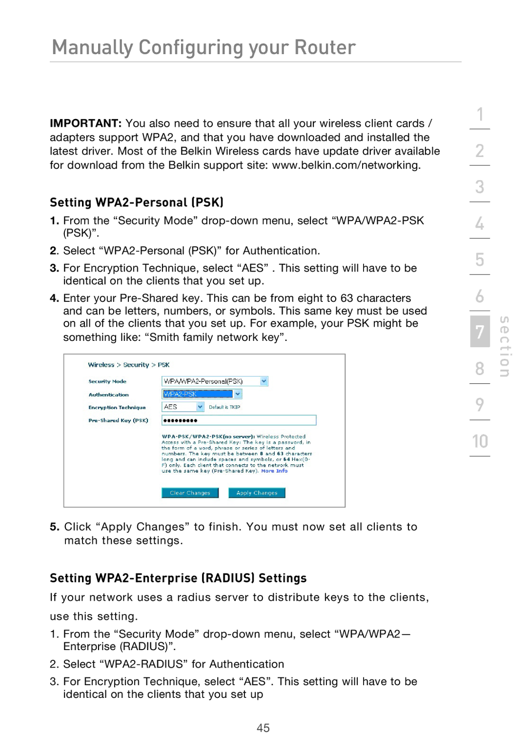 Belkin F5D9630UK4A user manual Setting WPA2-Personal PSK, Setting WPA2-Enterprise Radius Settings 