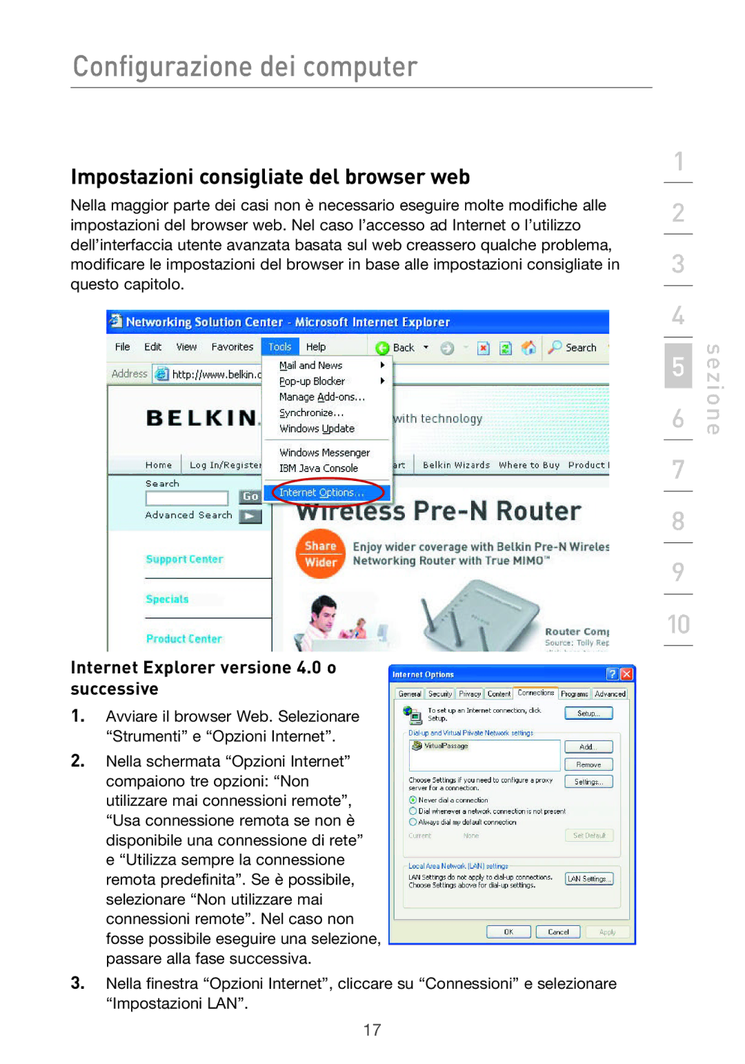 Belkin F5D9630UK4A user manual Impostazioni consigliate del browser web, Internet Explorer versione 4.0 o successive 