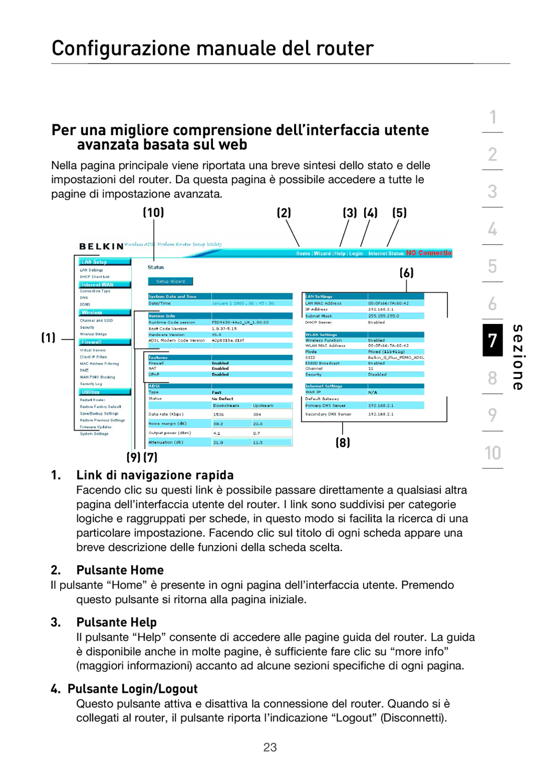 Belkin F5D9630UK4A user manual Configurazione manuale del router, Link di navigazione rapida, Pulsante Home, Pulsante Help 