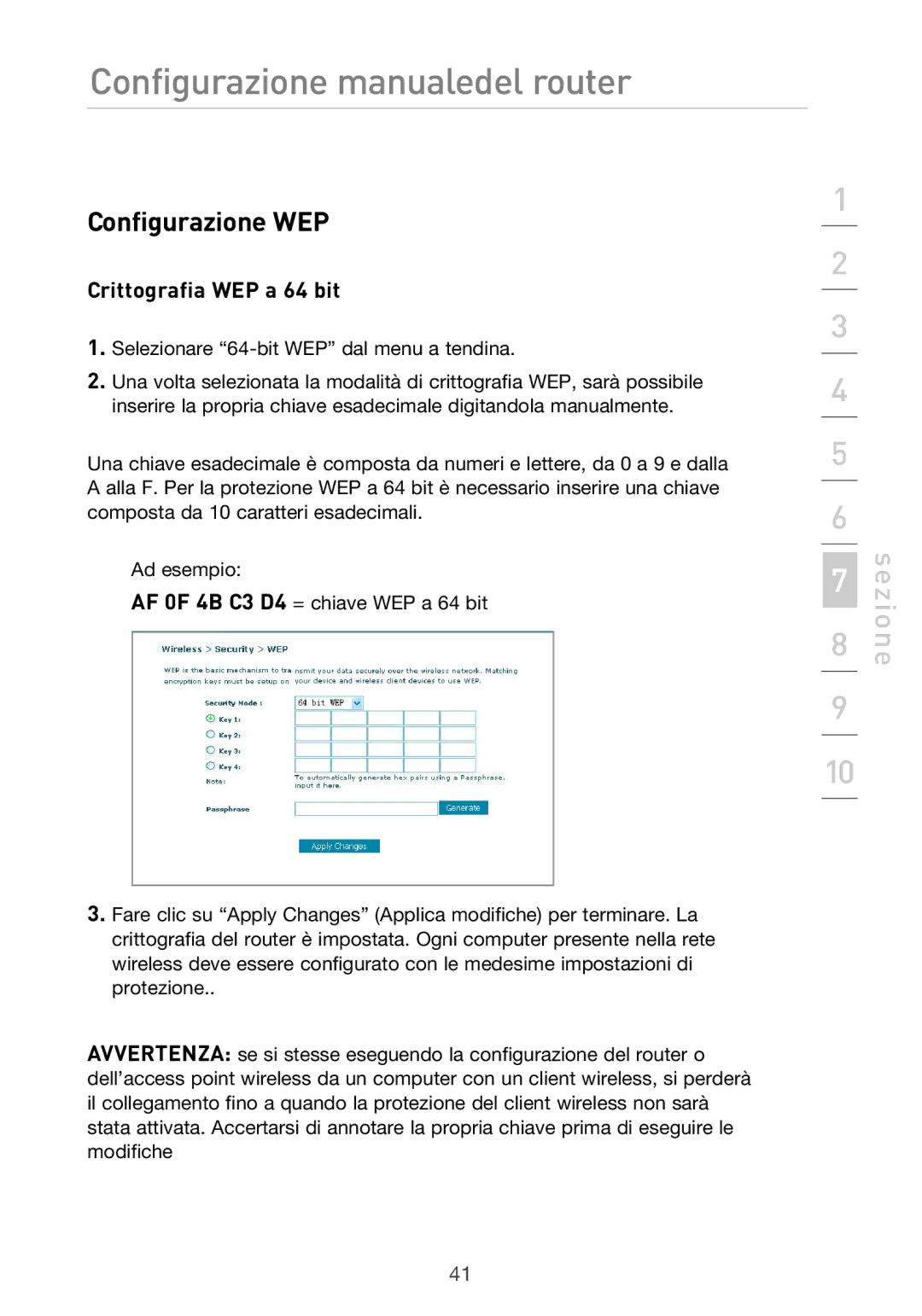 Belkin F5D9630UK4A user manual Configurazione WEP, Crittografia WEP a 64 bit 