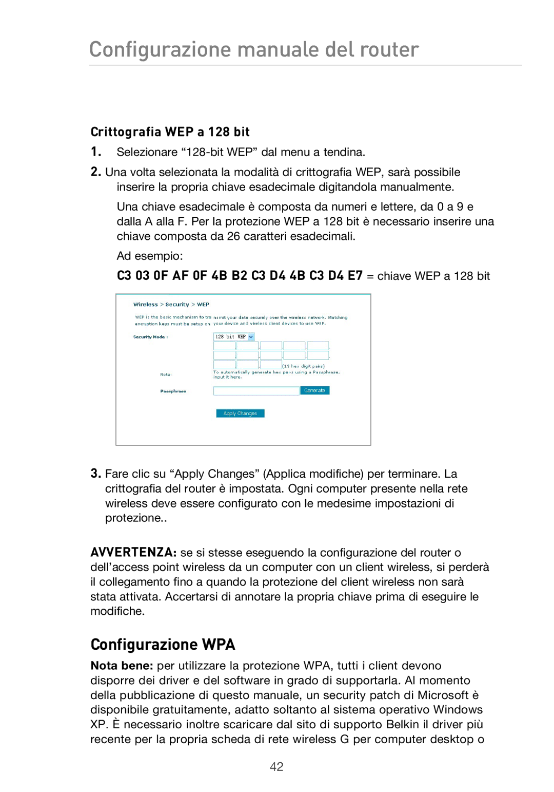 Belkin F5D9630UK4A user manual Configurazione WPA, Crittografia WEP a 128 bit 