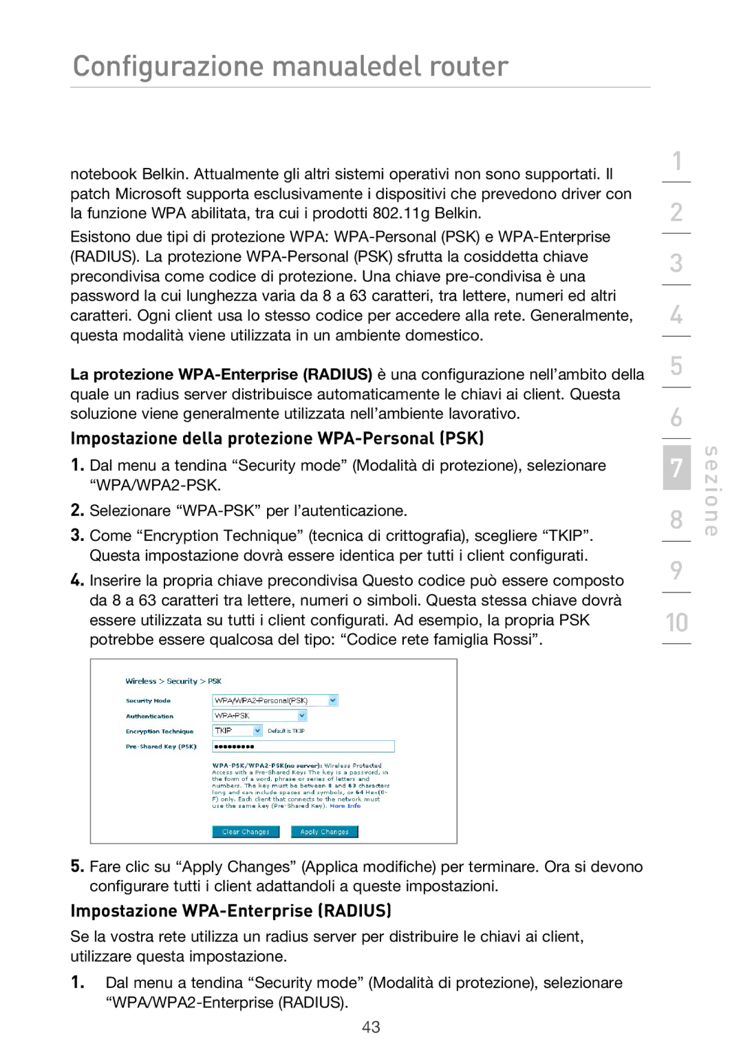 Belkin F5D9630UK4A user manual Impostazione della protezione WPA-Personal PSK, Impostazione WPA-Enterprise Radius 