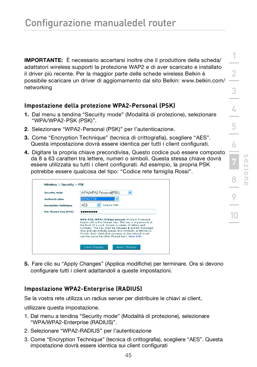 Belkin F5D9630UK4A user manual Impostazione della protezione WPA2-Personal PSK, Impostazione WPA2-Enterprise Radius 