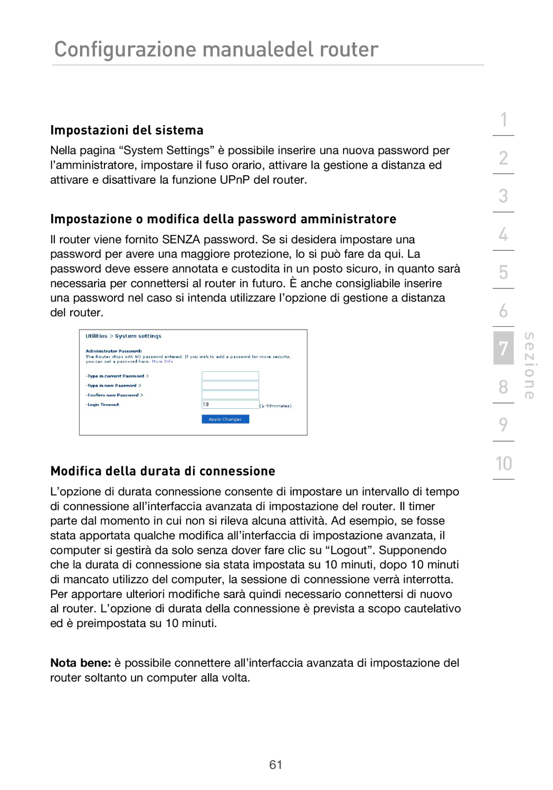 Belkin F5D9630UK4A user manual Impostazioni del sistema, Impostazione o modifica della password amministratore 