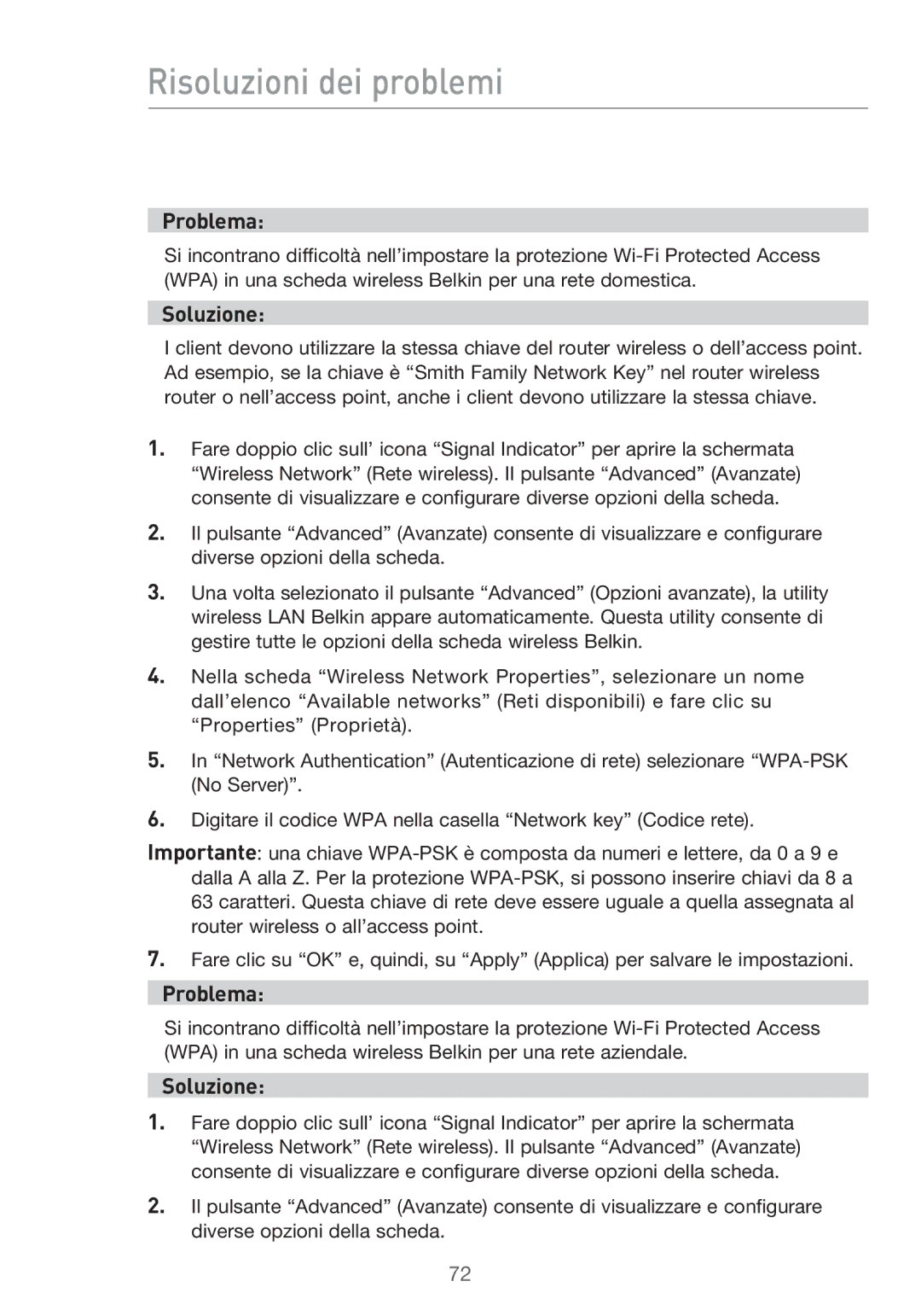 Belkin F5D9630UK4A user manual Risoluzioni dei problemi 