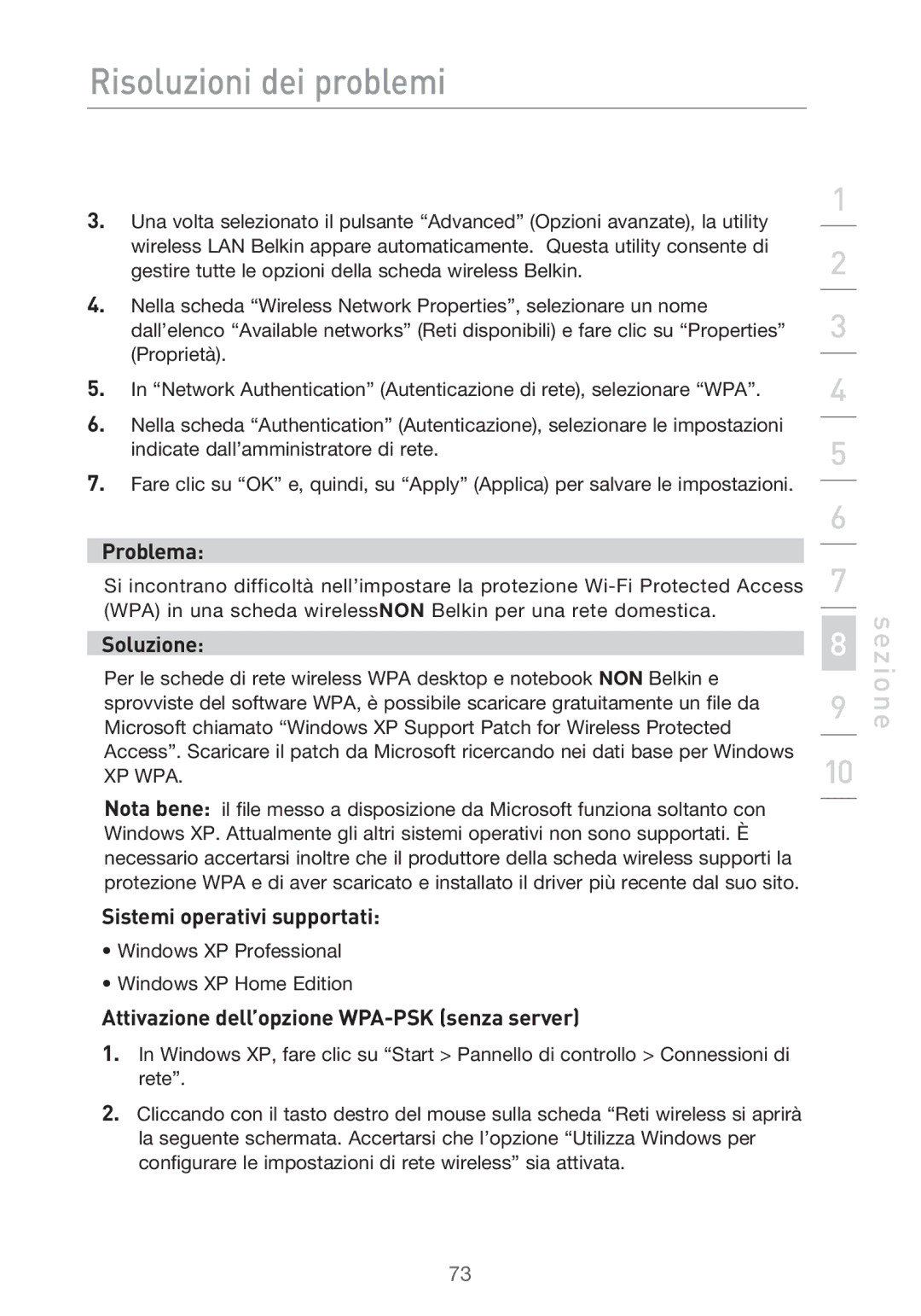 Belkin F5D9630UK4A user manual Sistemi operativi supportati, Attivazione dell’opzione WPA-PSK senza server 