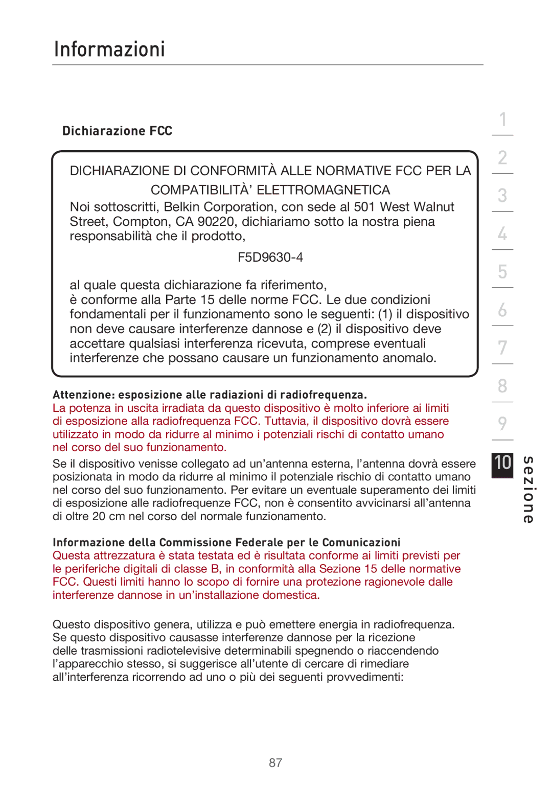 Belkin F5D9630UK4A user manual Informazioni, Dichiarazione FCC, Attenzione esposizione alle radiazioni di radiofrequenza 