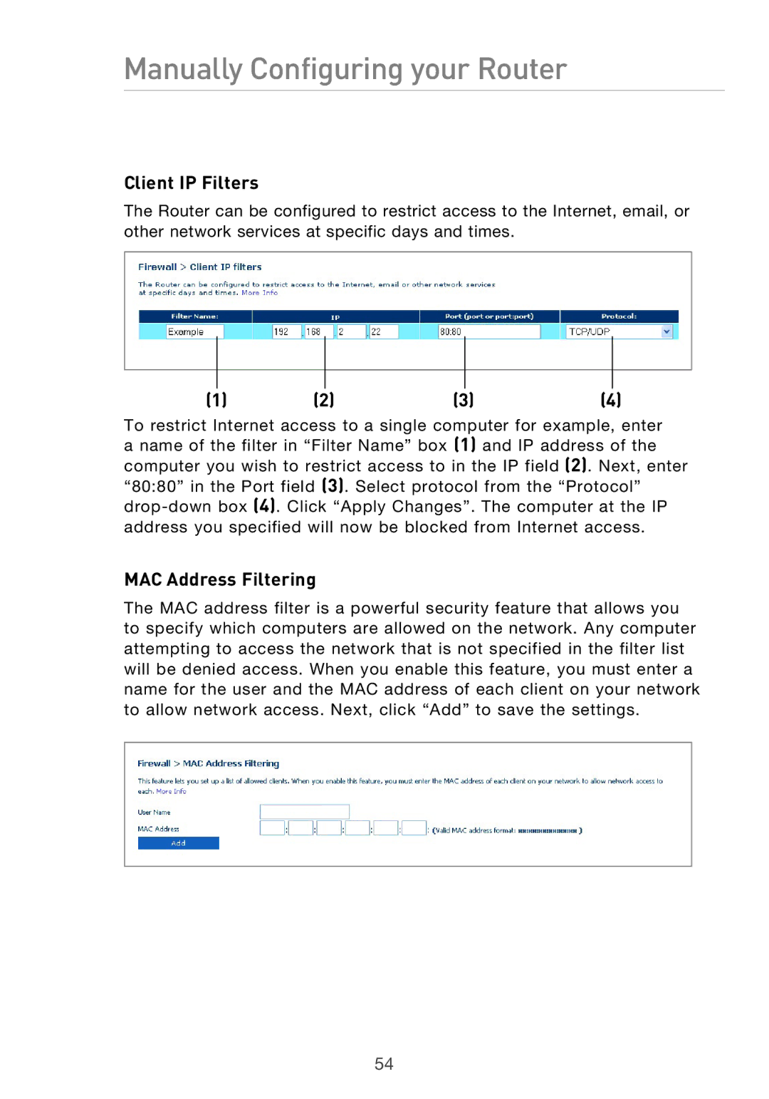 Belkin F5D9630UK4A user manual Client IP Filters, MAC Address Filtering 