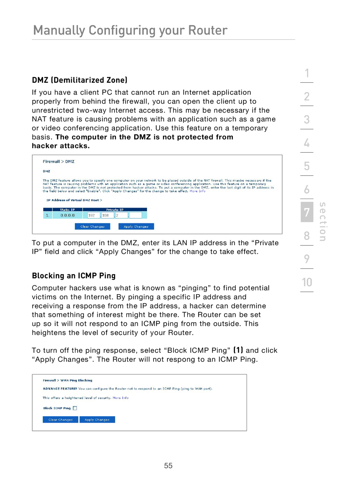 Belkin F5D9630UK4A user manual DMZ Demilitarized Zone, Blocking an Icmp Ping, Hacker attacks 