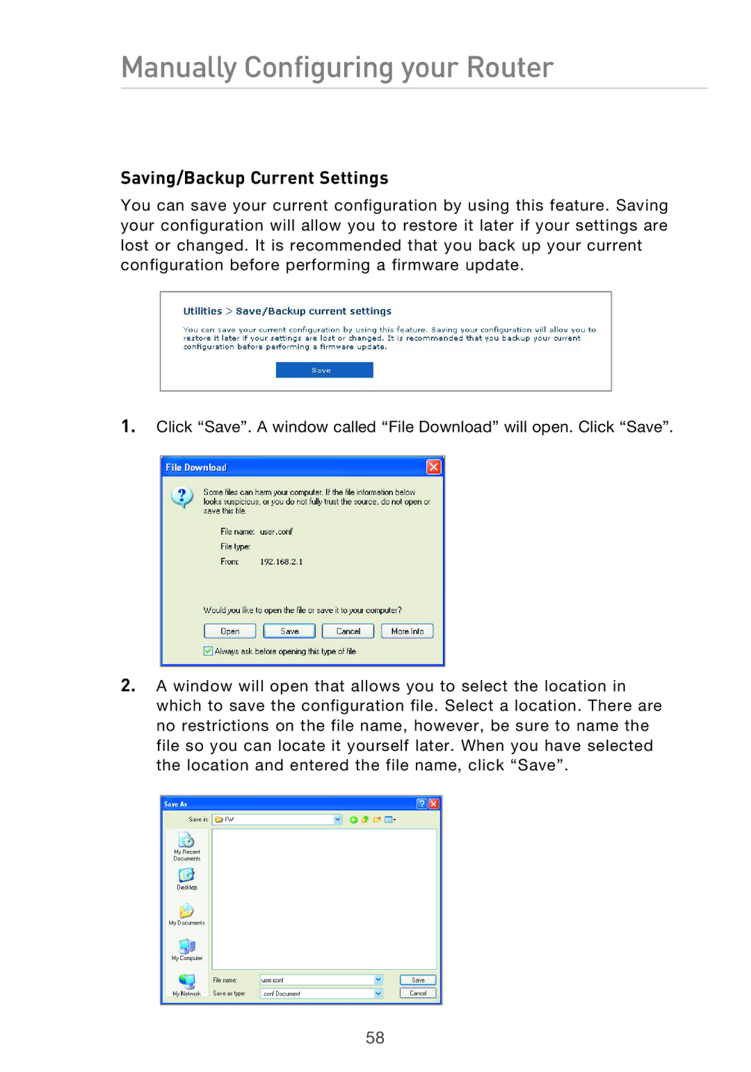 Belkin F5D9630UK4A user manual Saving/Backup Current Settings 