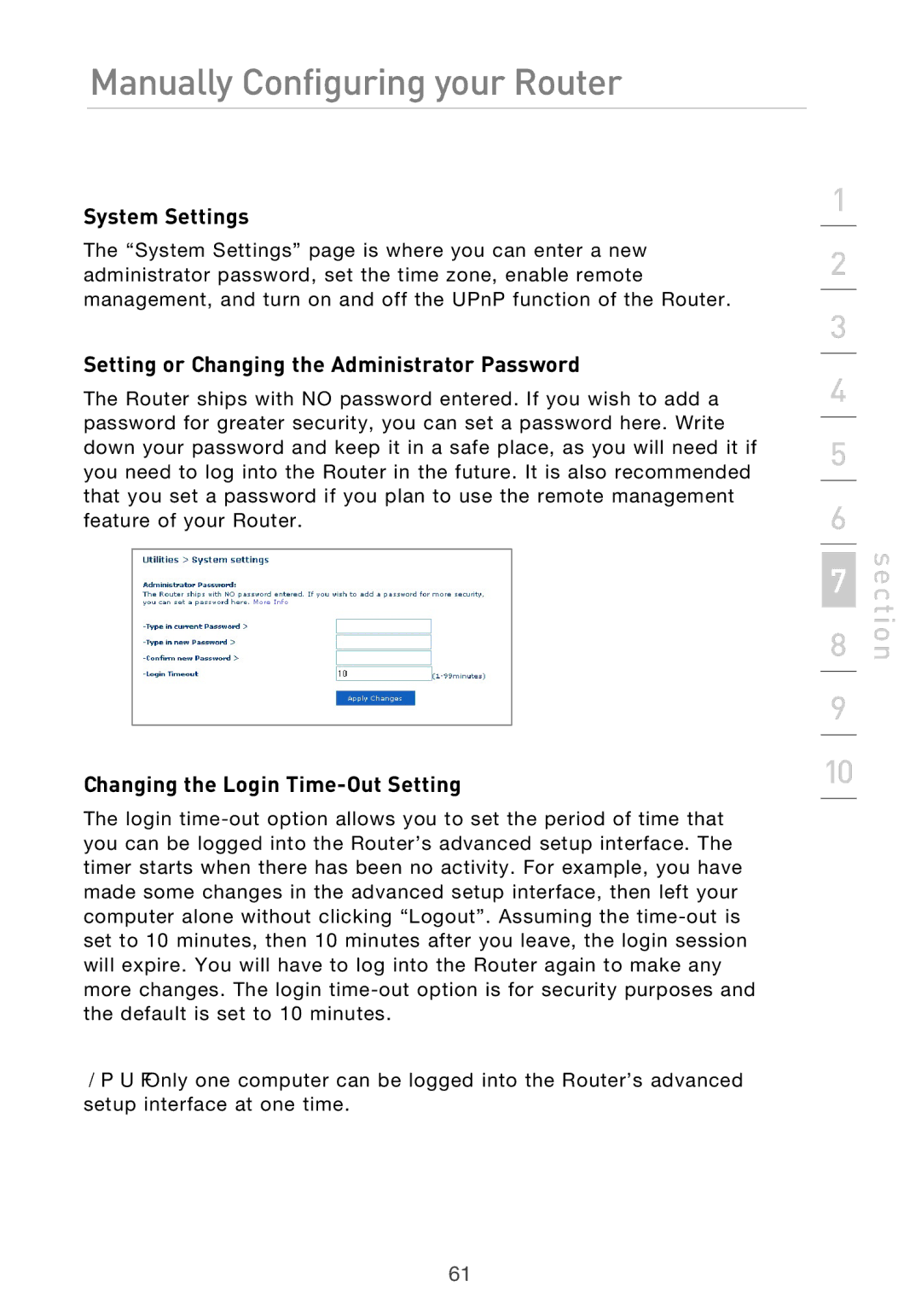 Belkin F5D9630UK4A System Settings, Setting or Changing the Administrator Password, Changing the Login Time-Out Setting 