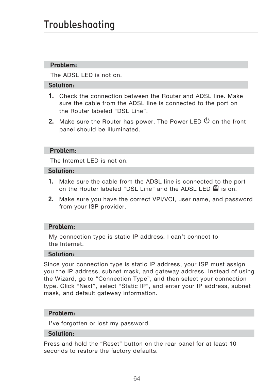 Belkin F5D9630UK4A user manual Troubleshooting, Problem, Solution 