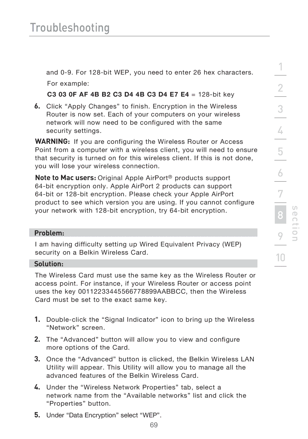 Belkin F5D9630UK4A user manual C3 03 0F AF 4B B2 C3 D4 4B C3 D4 E7 E4 = 128-bit key 