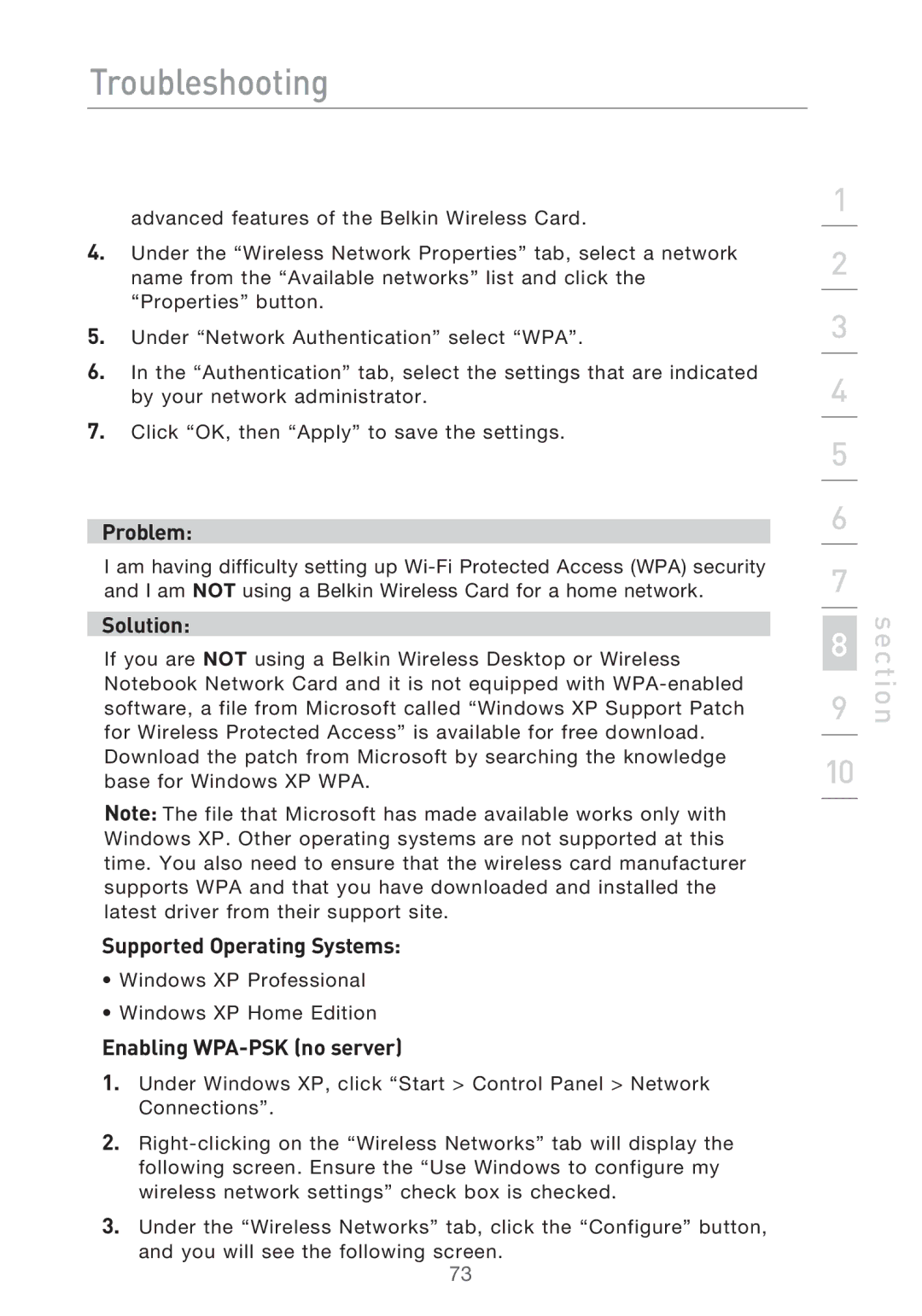 Belkin F5D9630UK4A user manual Supported Operating Systems, Enabling WPA-PSK no server 