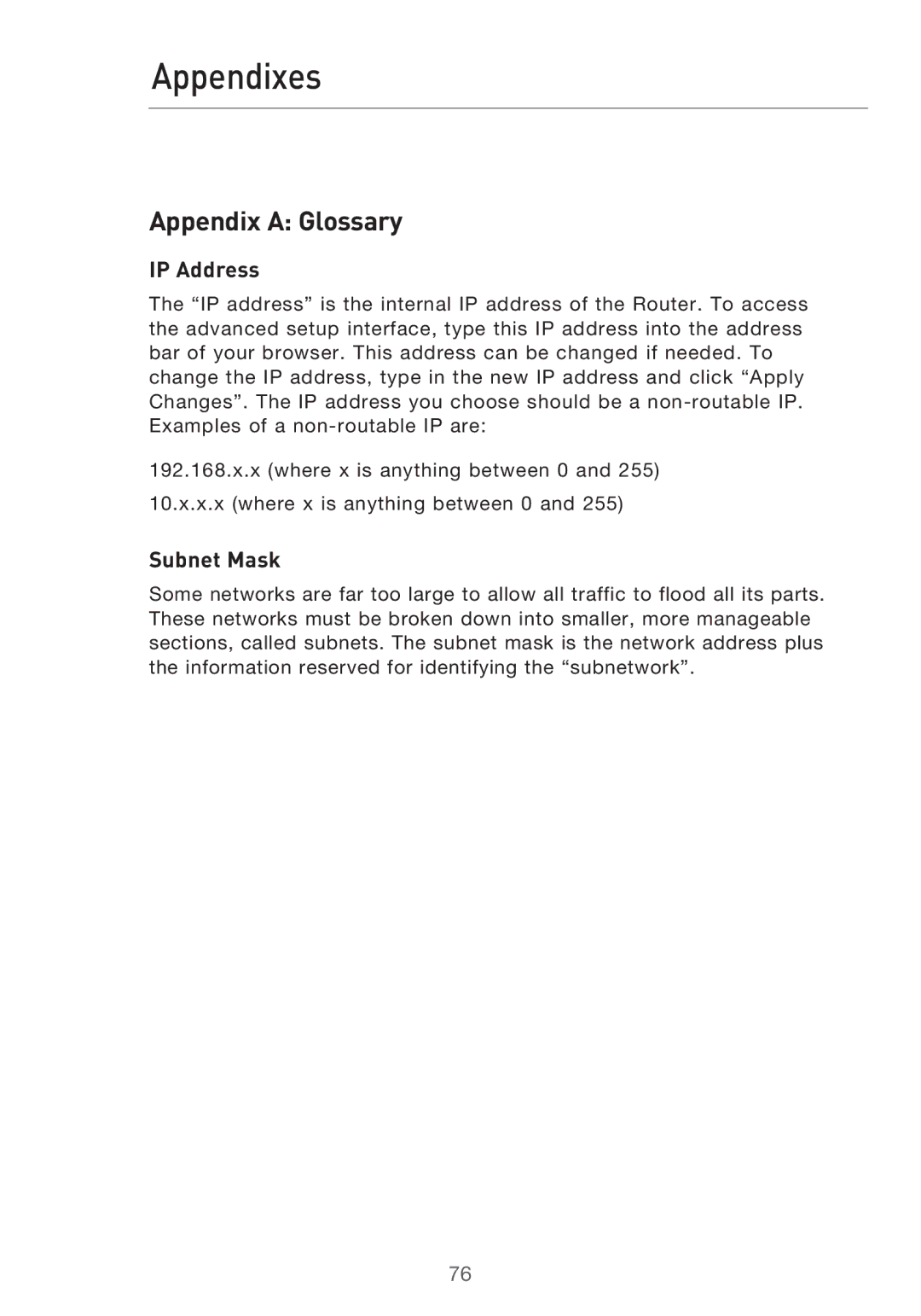 Belkin F5D9630UK4A user manual Appendixes, Appendix a Glossary 