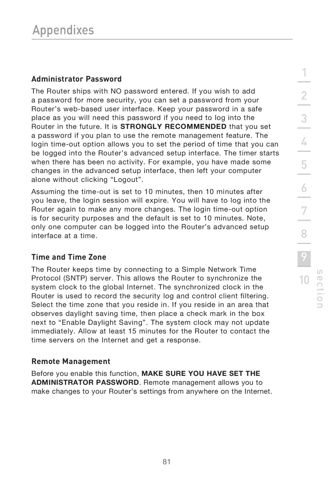 Belkin F5D9630UK4A user manual Administrator Password, Time and Time Zone, Remote Management 