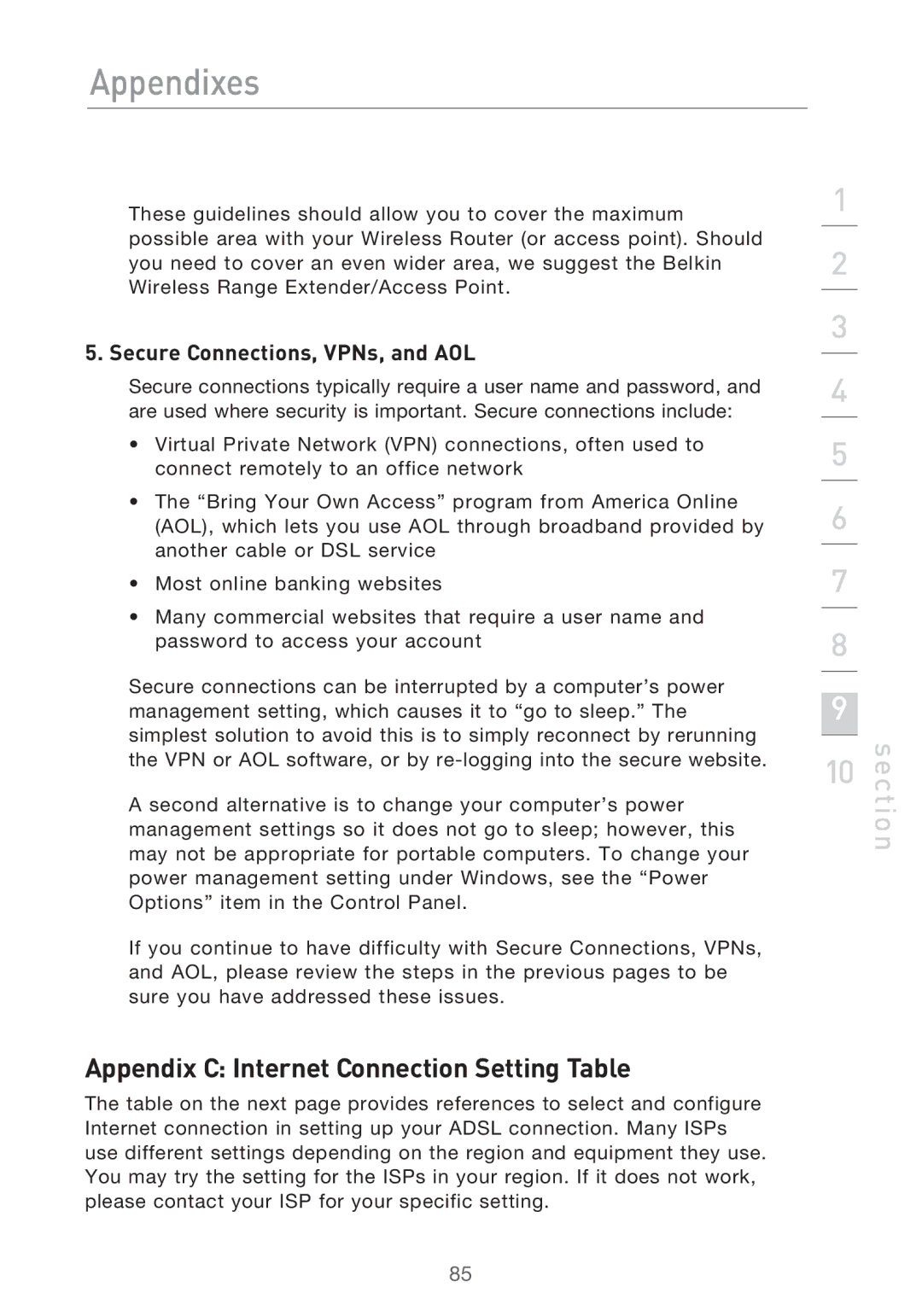 Belkin F5D9630UK4A user manual Appendix C Internet Connection Setting Table, Secure Connections, VPNs, and AOL 