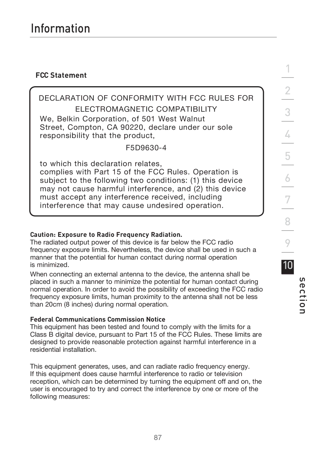 Belkin F5D9630UK4A user manual Information, FCC Statement, Federal Communications Commission Notice 