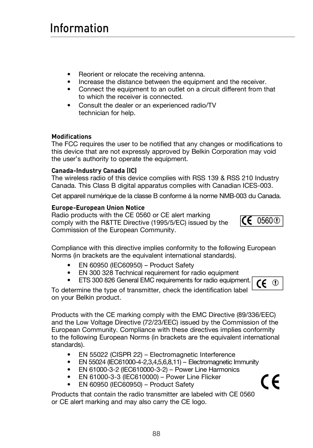 Belkin F5D9630UK4A user manual Modifications, Canada-Industry Canada IC, Europe-European Union Notice 