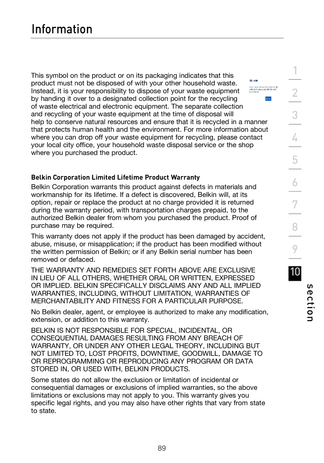 Belkin F5D9630UK4A user manual Belkin Corporation Limited Lifetime Product Warranty 