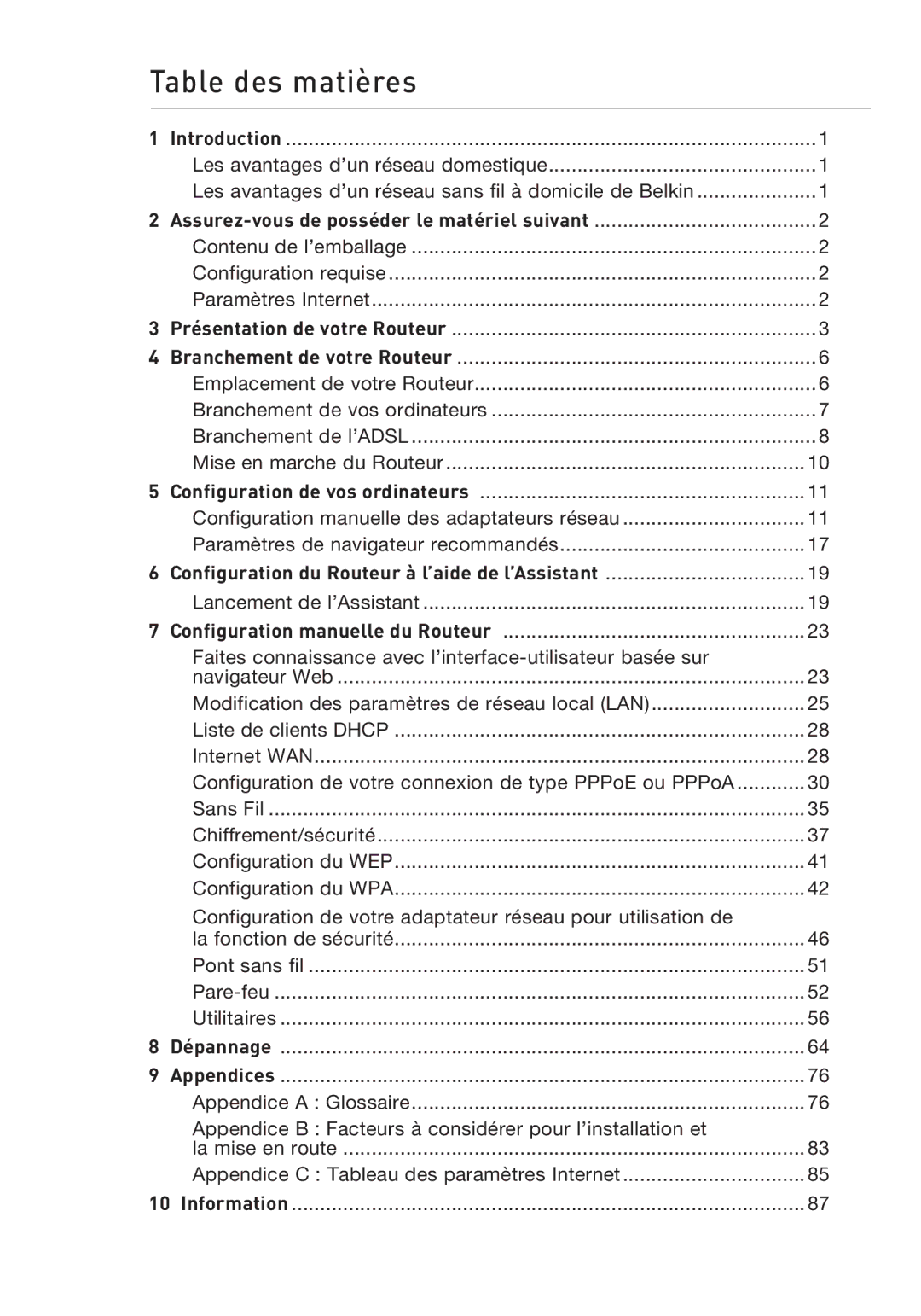 Belkin F5D9630UK4A user manual Table des matières 