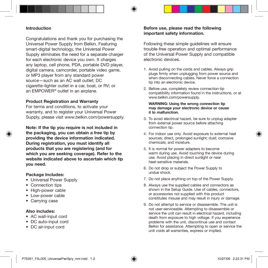 Belkin F5L005 warranty Introduction, Product Registration and Warranty Package Includes, Also includes 