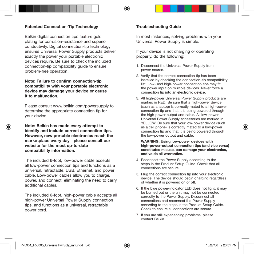 Belkin F5L005 warranty Patented Connection-Tip Technology, Troubleshooting Guide 