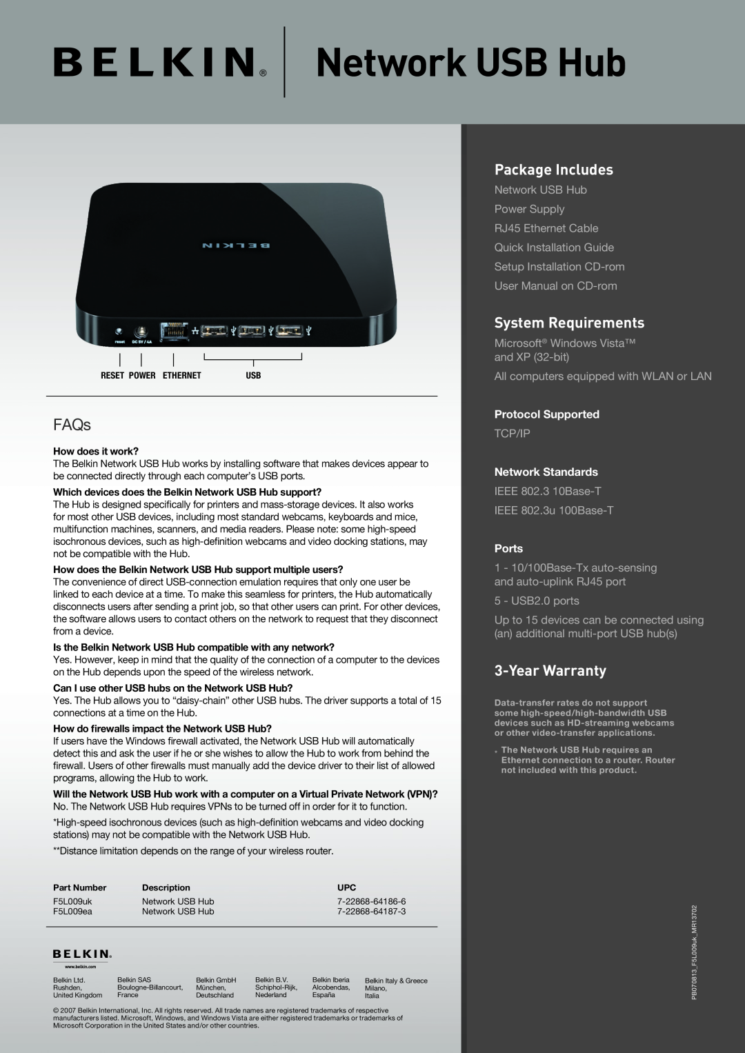 Belkin F5L009 Protocol Supported, Network Standards, Ports, Network USB Hub, FAQs, Package Includes, System Requirements 