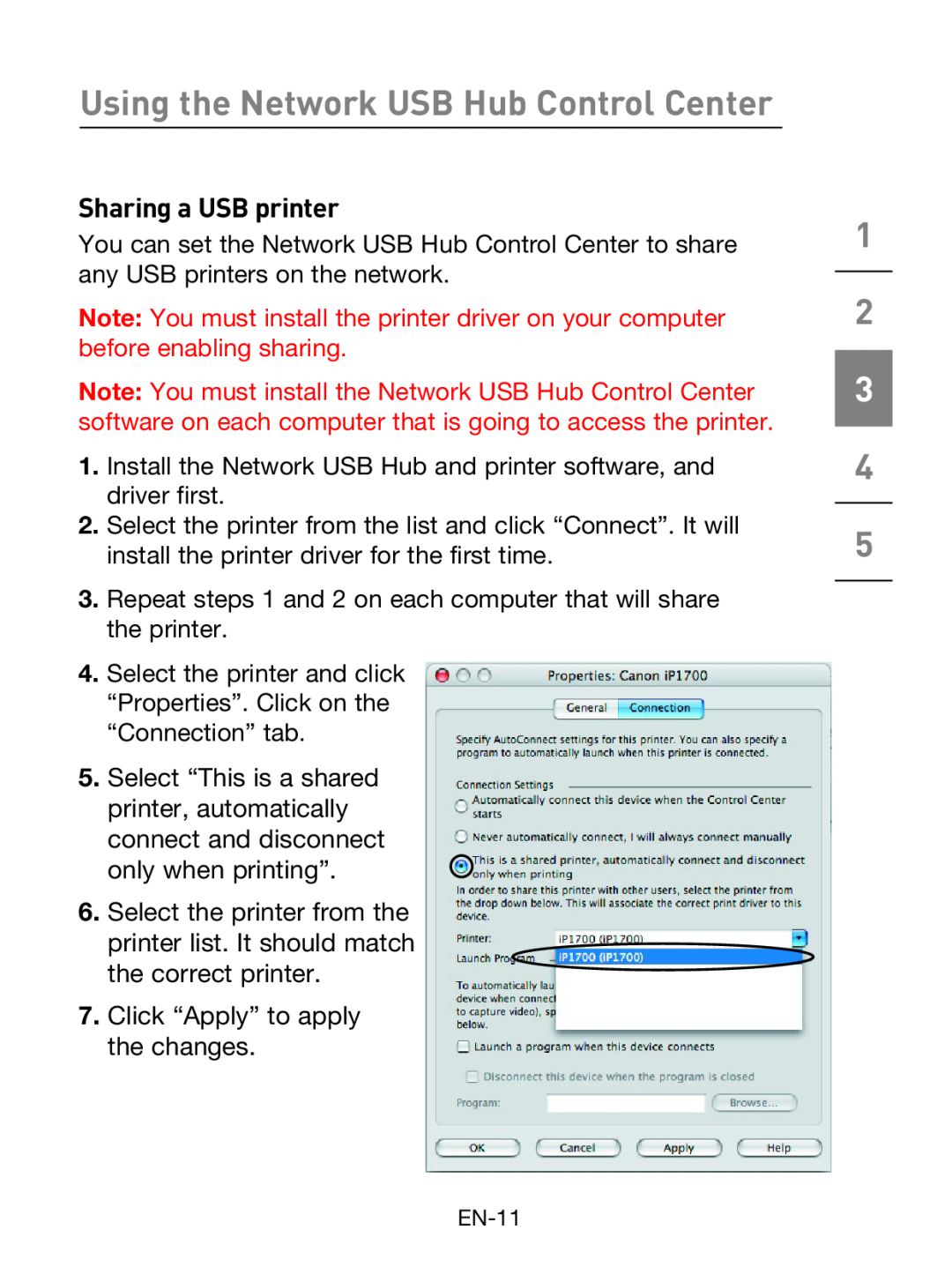 Belkin F5L009 user manual Sharing a USB printer, Select “This is a shared, Click “Apply” to apply the changes 