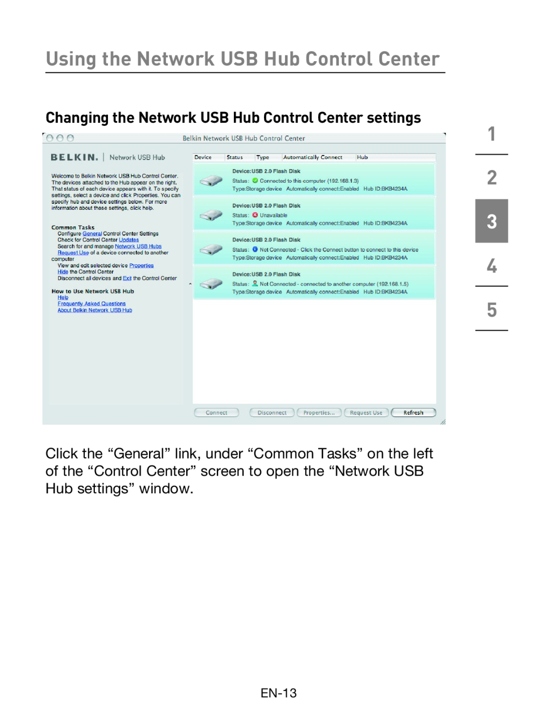 Belkin F5L009 Changing the Network USB Hub Control Center settings, Using the Network USB Hub Control Center, EN-13 