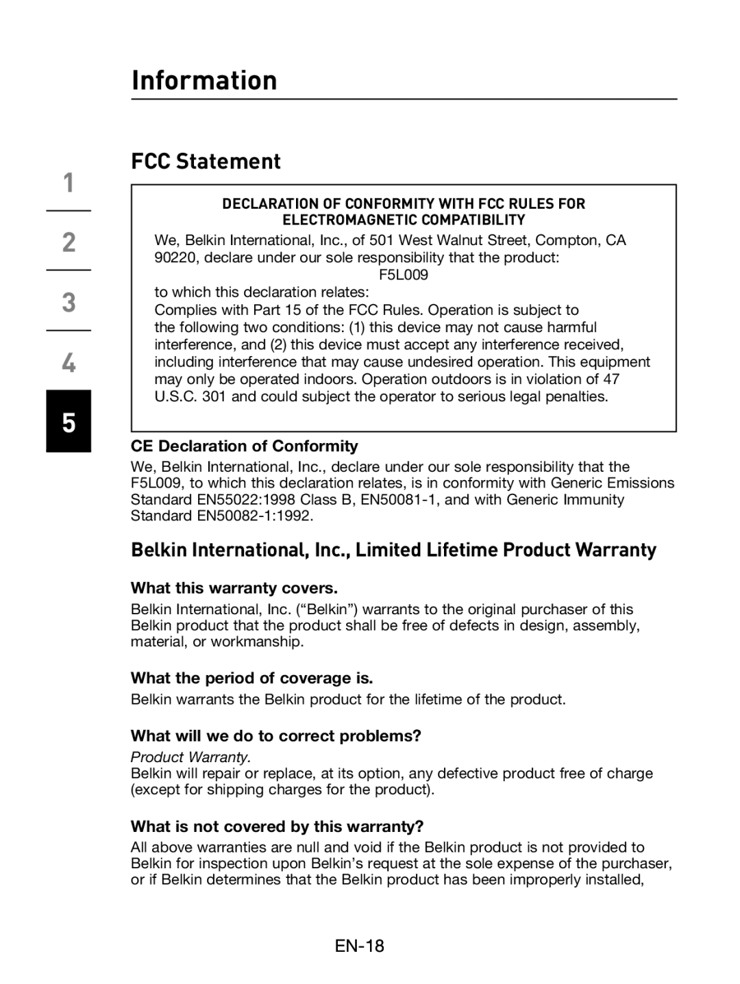 Belkin F5L009 user manual Information, FCC Statement 