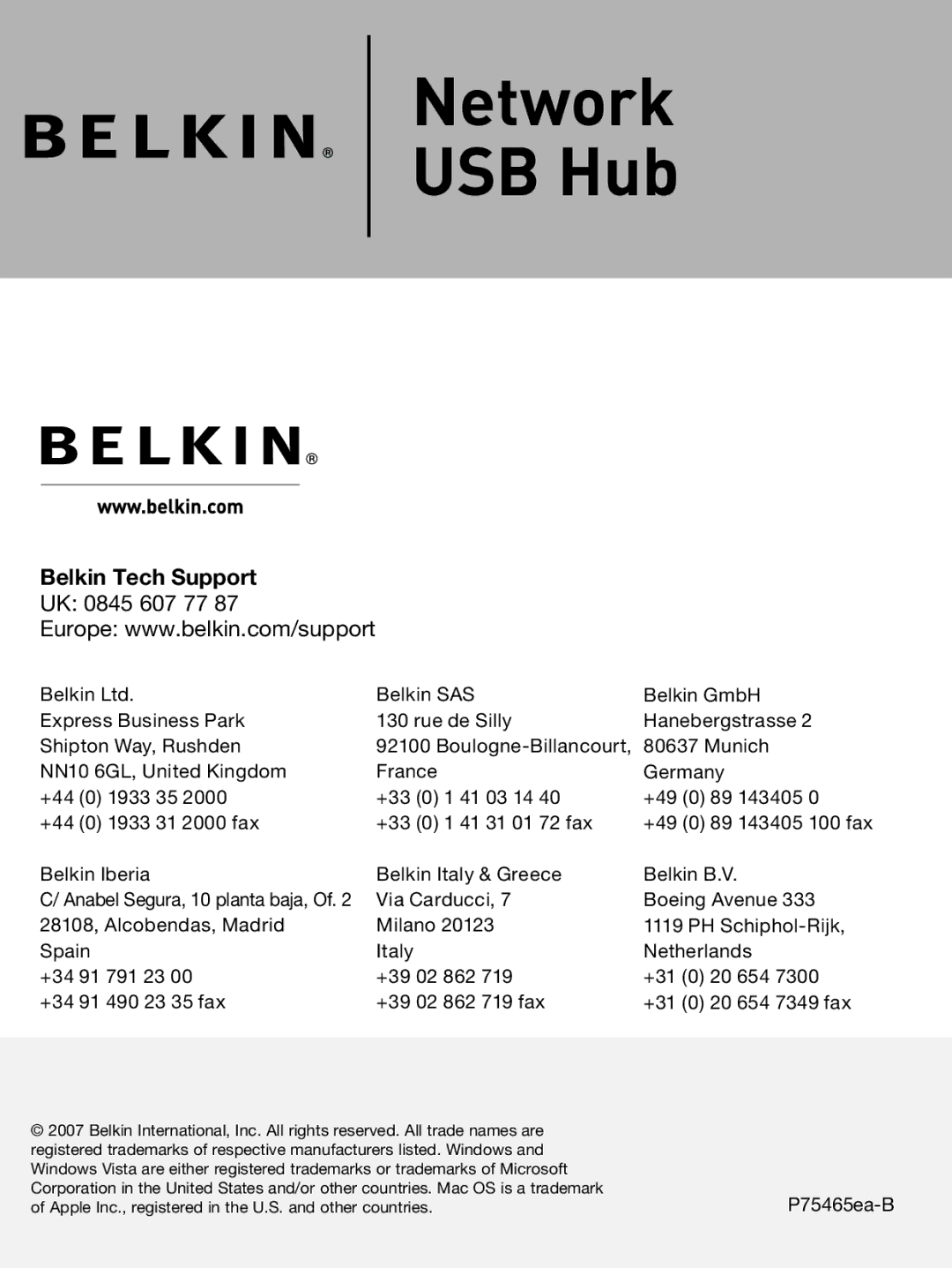 Belkin F5L009 user manual Belkin Tech Support 