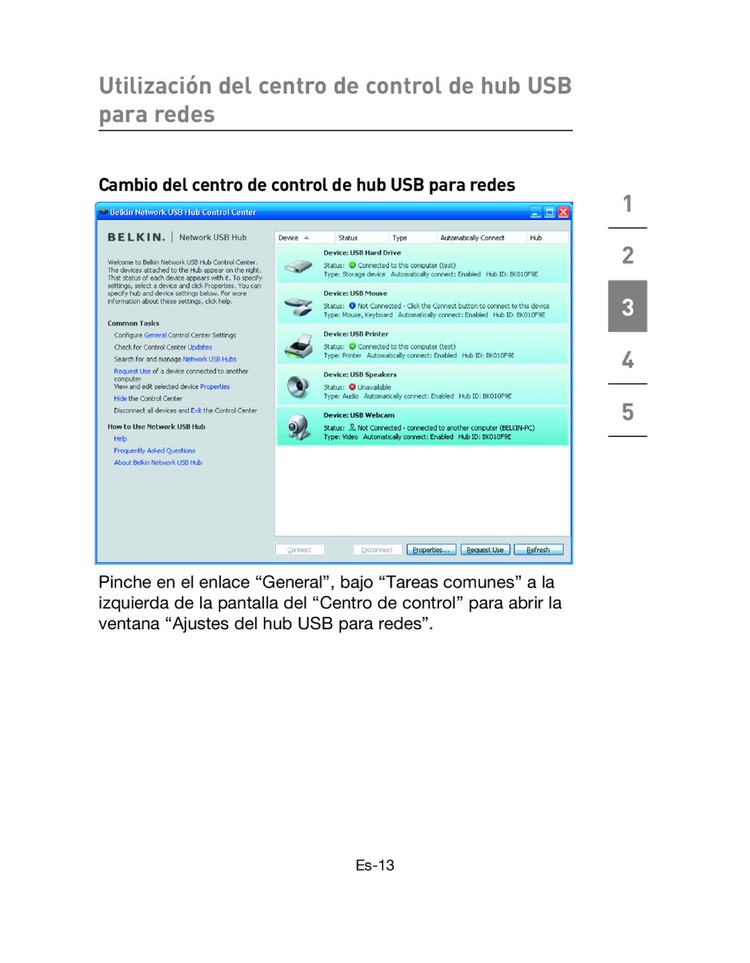Belkin F5L009EA user manual Cambio del centro de control de hub USB para redes 