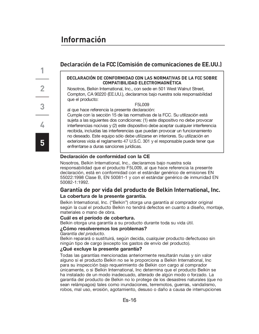 Belkin F5L009EA user manual Información 