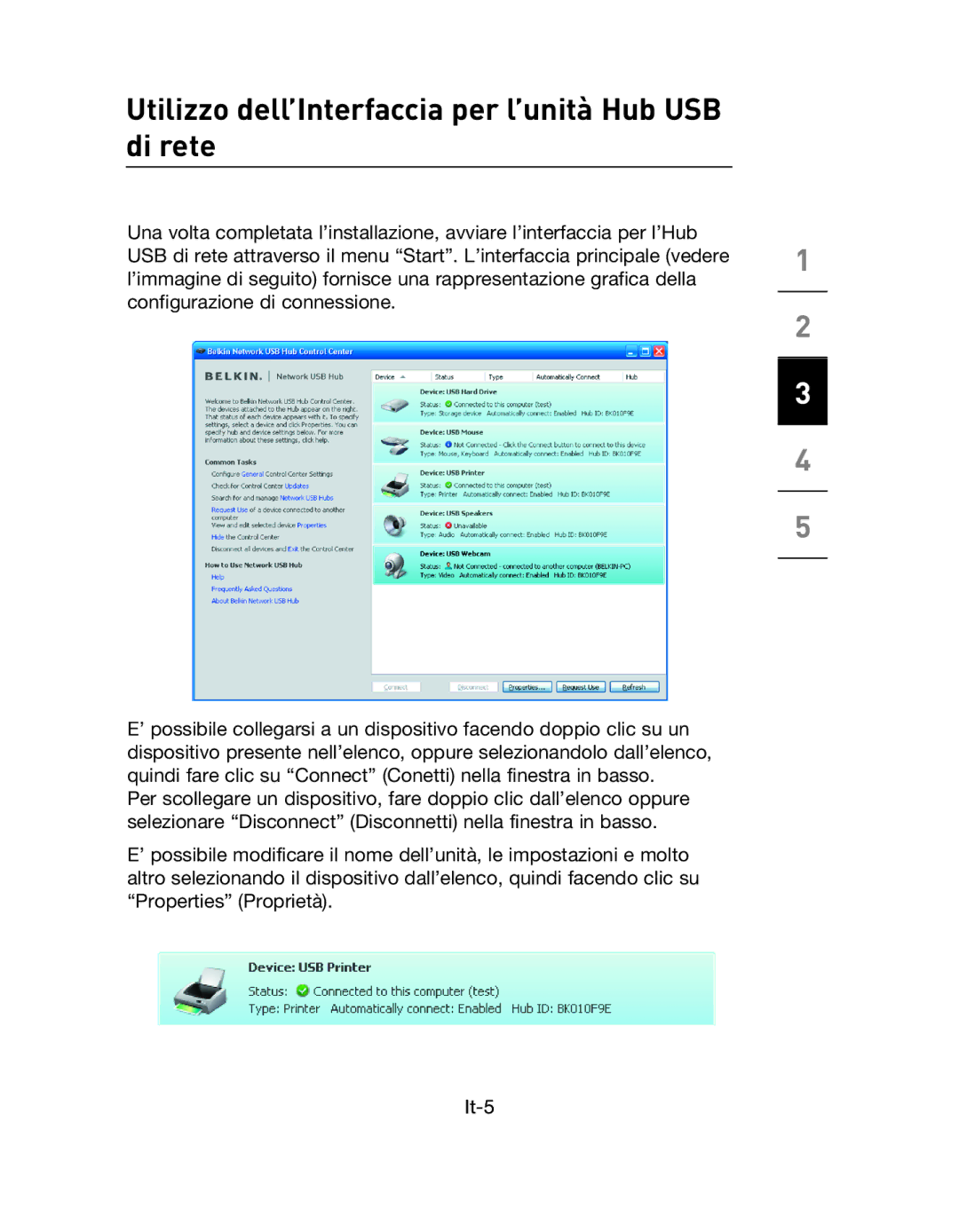 Belkin F5L009EA user manual Utilizzo dell’Interfaccia per l’unità Hub USB di rete 