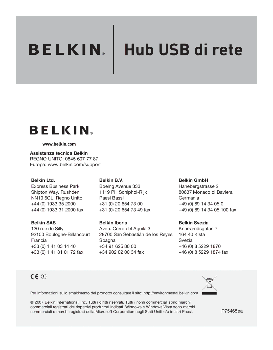 Belkin F5L009EA user manual Assistenza tecnica Belkin 